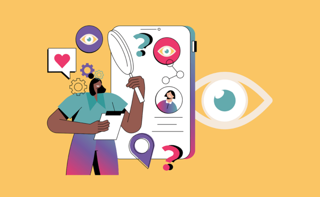 Illustration of woman holding magnifying glass over cell phone.