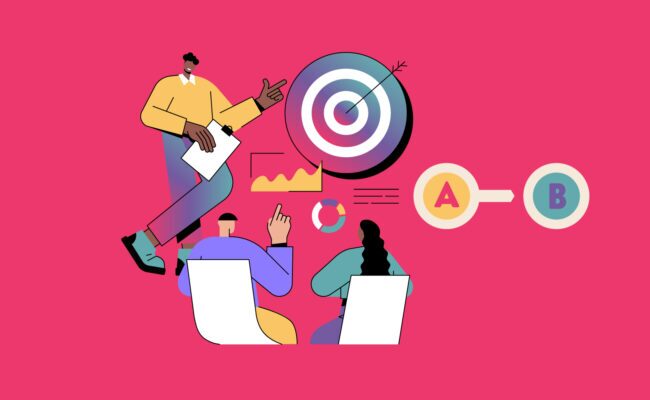 Illustration of man presenting at infographics in a meeting.