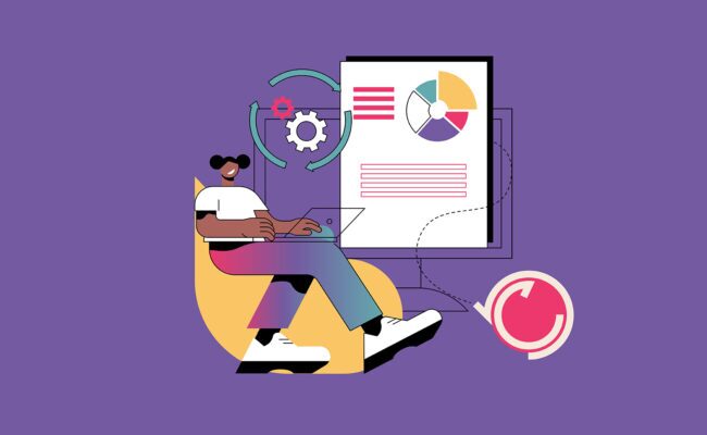 Illustration of an african american woman working on laptop and optimizing webpage.