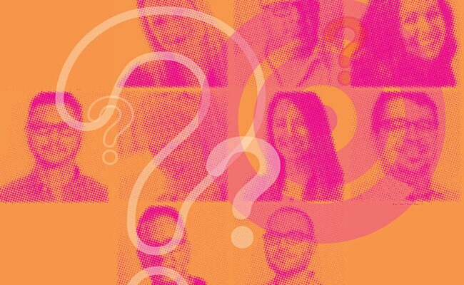 A collage of Werremeyer Creative employee pictures with question marks and a bullseye in front.