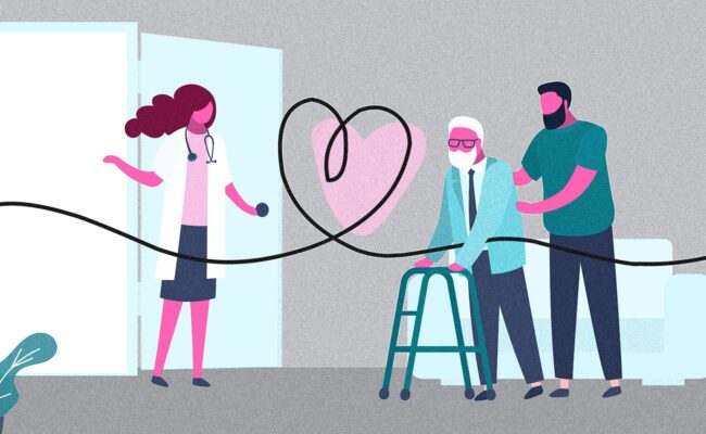 Stylized illustration of a doctor's office entrance and a caregiver assisting an elderly patient with a walker. There's a wave line stretching across the image, creating a heart‑shape in the middle – signifying compassionate patient experience in healthcare.
