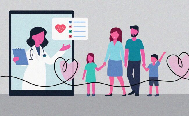 An illustration of a female doctor on a large screen consulting with a family of four. Speech bubbles above the doctor show health icons and a checklist. A wavy line crosses the image forming hearts, symbolizing care.