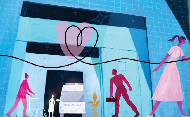 Stylized illustration of a hospital entrance with caregivers and a line creating a heart‑shape, signifying compassionate patient experience in healthcare.