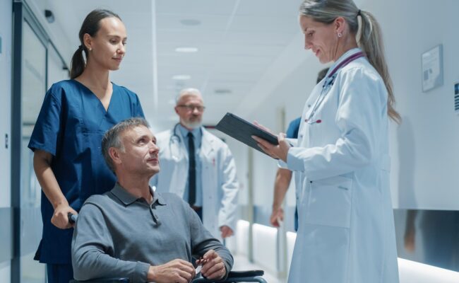 Female ASC provider discussing personalized care plan with wheelchair-bound patient in modern surgical center hallway.