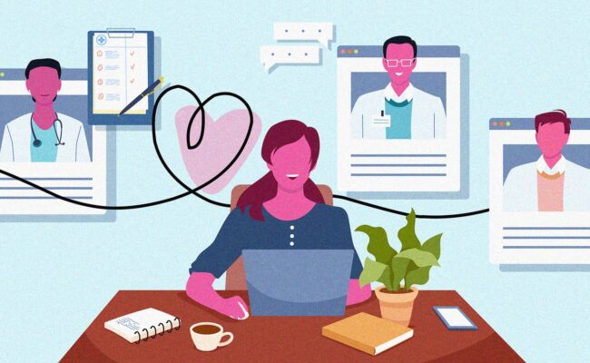 Illustration of a woman researching multiple doctors online, representing availability of healthcare options in the patient experience journey. A wavy line runs across the image, forming a heart-shape midway through.