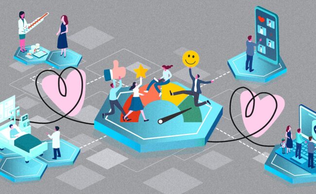 Patient experience illustration with concepts for satisfaction gauge, telemedicine, digital health.