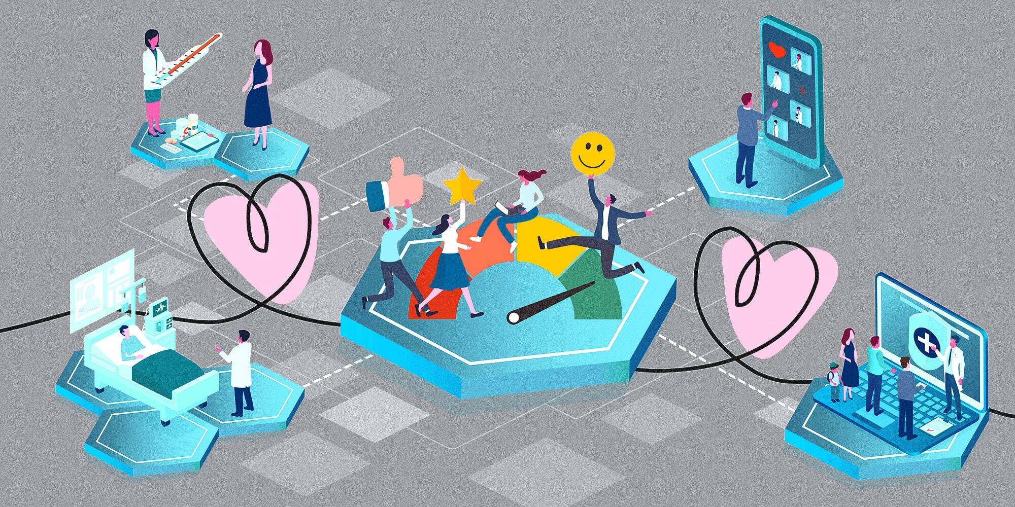 Patient experience illustration with concepts for satisfaction gauge, telemedicine, digital health.