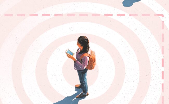 A birds-eye view of a person looking at a smartphone, with rings radiating from where they're standing. A dashed line frames the person—symbolizing geofencing.