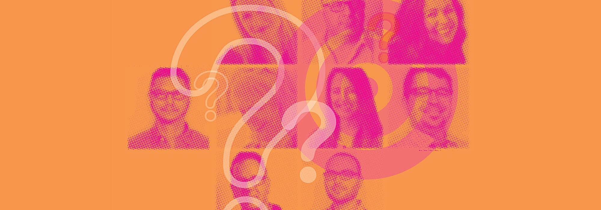 A collage of Werremeyer Creative employee pictures with question marks and a bullseye in front.