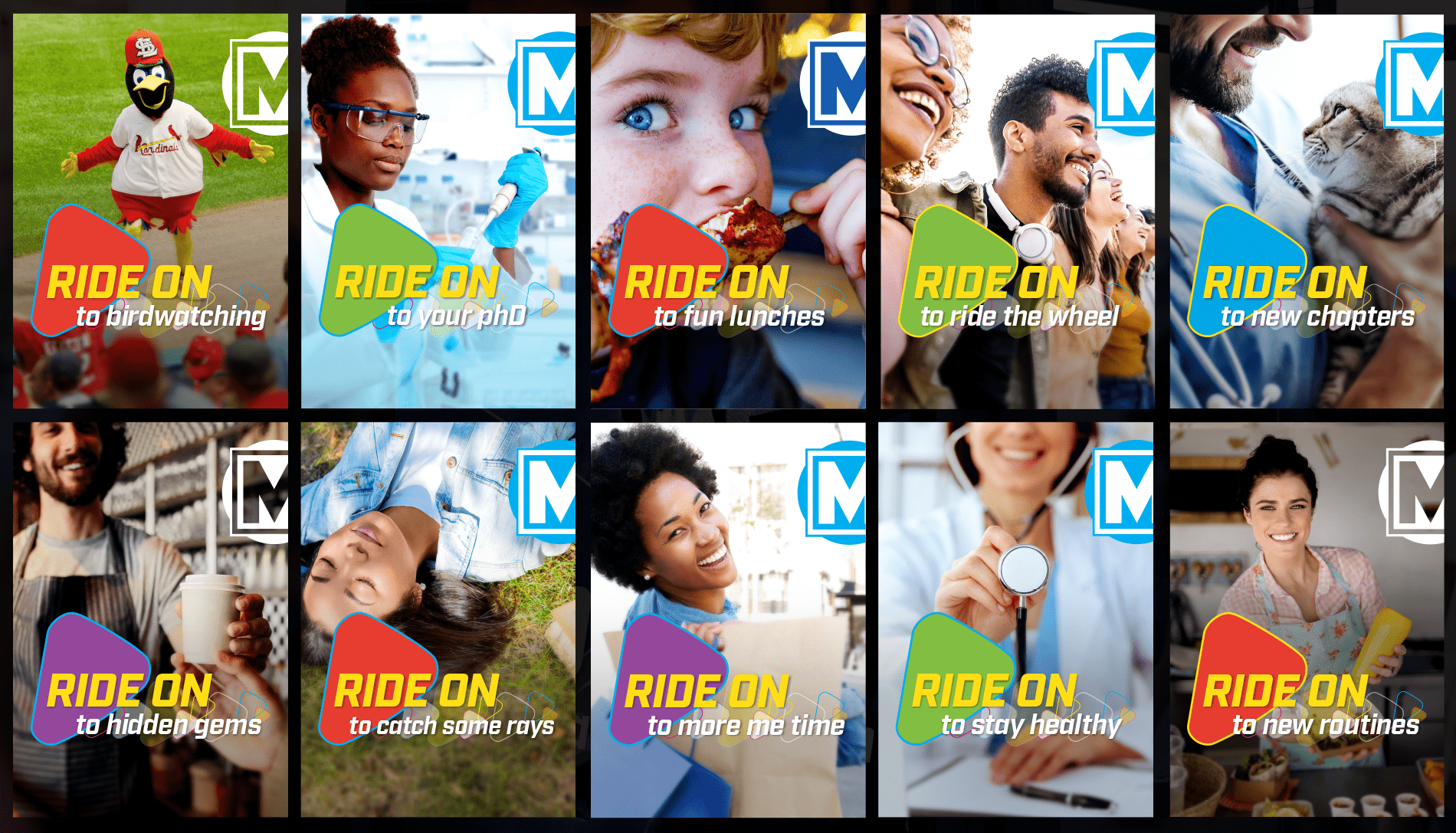 Image showing multiple versions of the RIDE ON bus shelter posters.