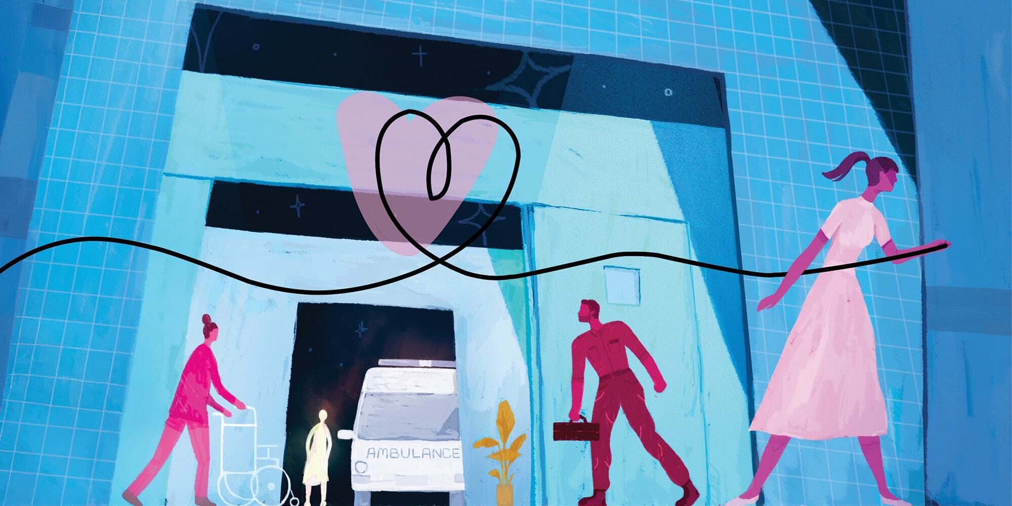 Stylized illustration of a hospital entrance with caregivers and a line creating a heart‑shape, signifying compassionate patient experience in healthcare.