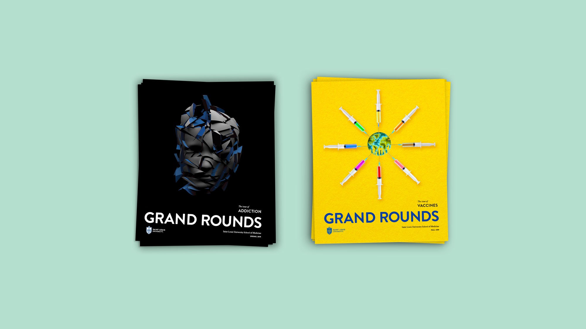 image showing 2 covers from Grand Rounds, SLU School of Medicine's alumni magazine.