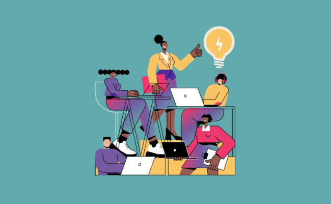 Illustration of a group of individuals working together in an office setting.