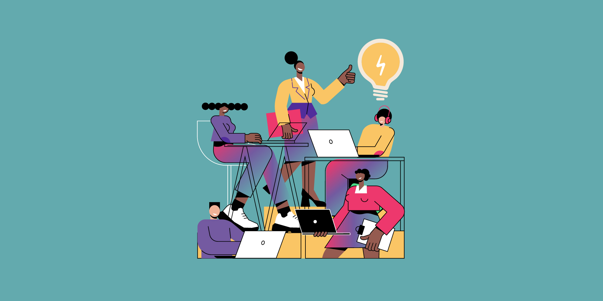 Illustration of a group of individuals working together in an office setting.