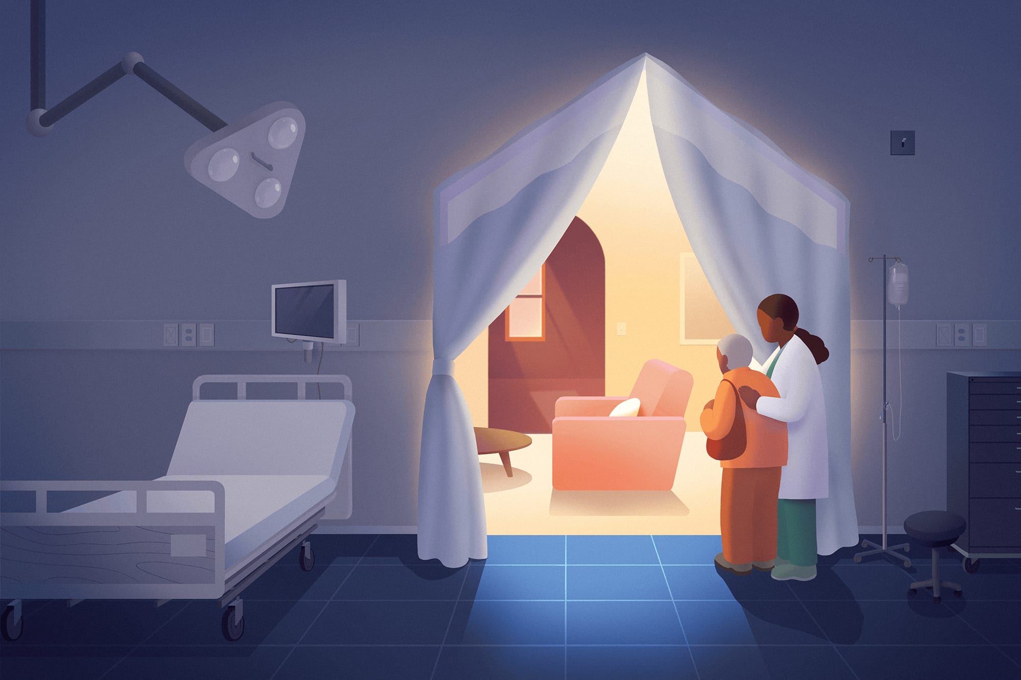 Illustration concept of physician with elderly woman set in a hospital room opening up to a living room scene.