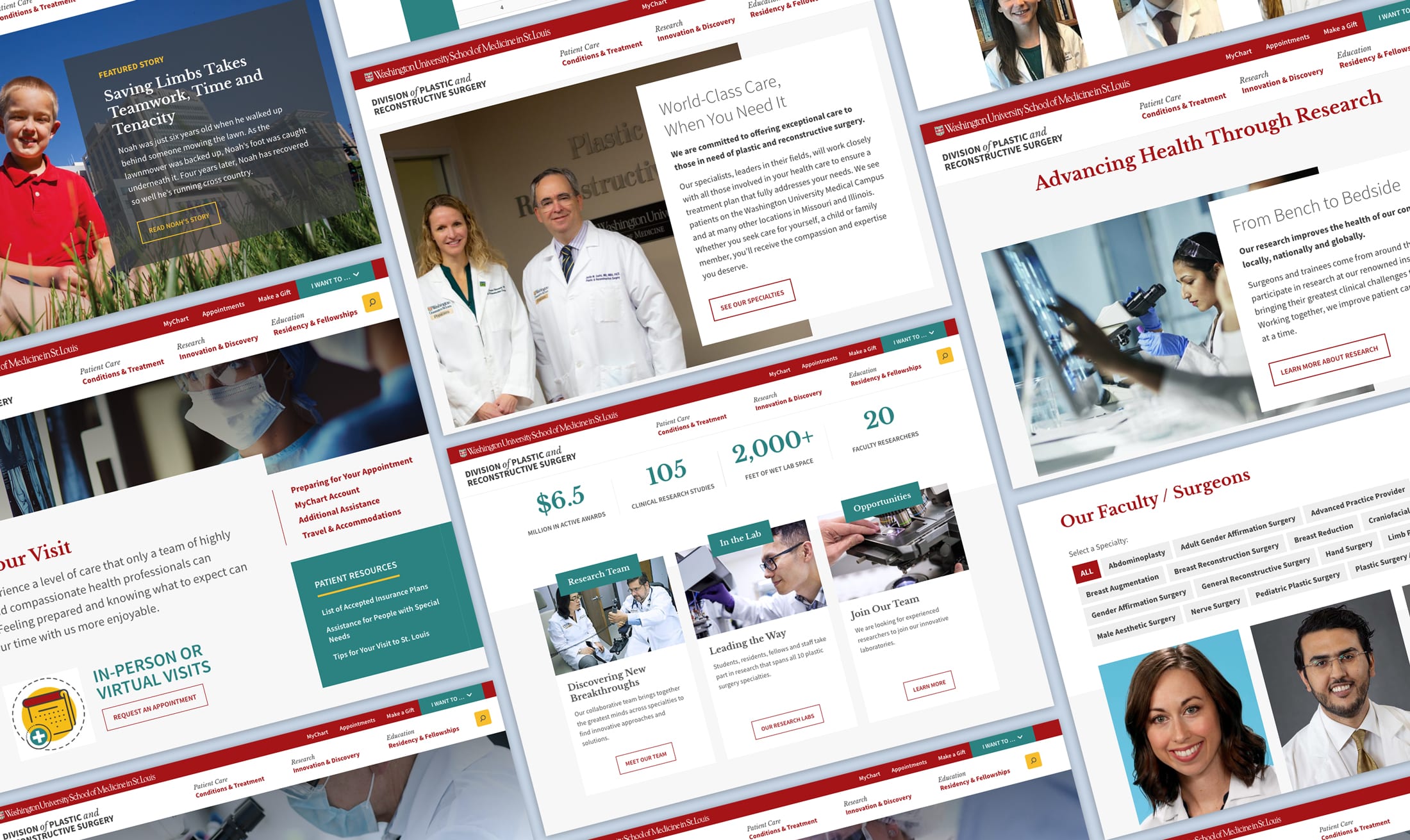 image displaying several screenshots of the WashU Medicine - Division of Plastic & Reconstructive Surgery website.