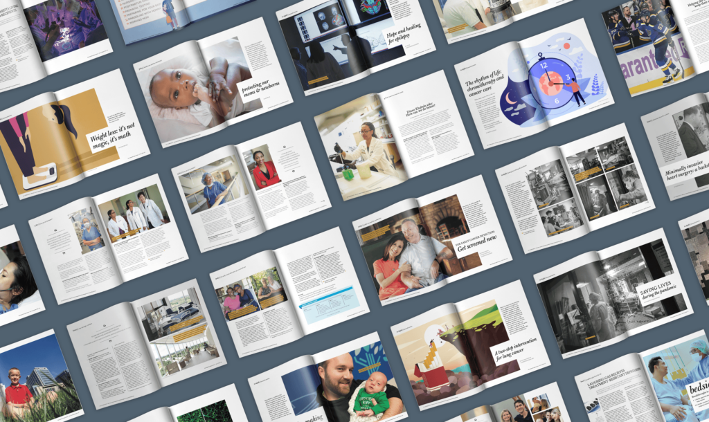Zoomed-out view of various Curiosus magazine spreads.