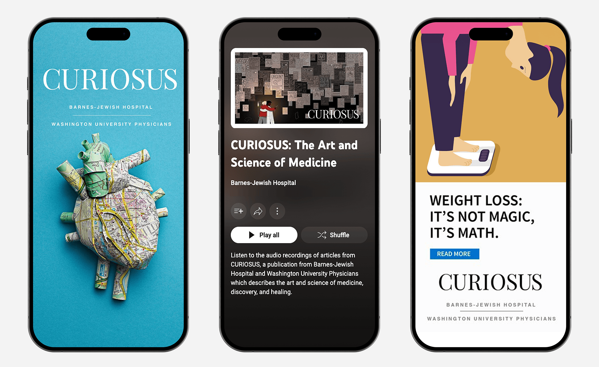 3 smartphone screens displaying a social ad, a podcast, and a display ad for Curiosus magazine.