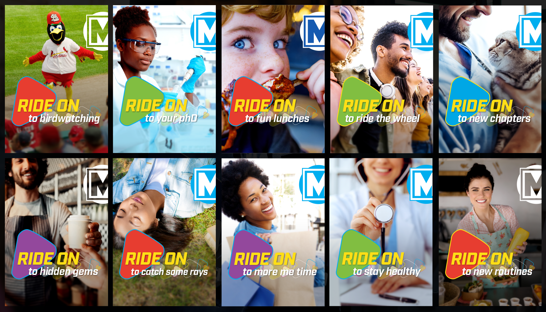 Image showing multiple versions of the RIDE ON bus shelter posters.