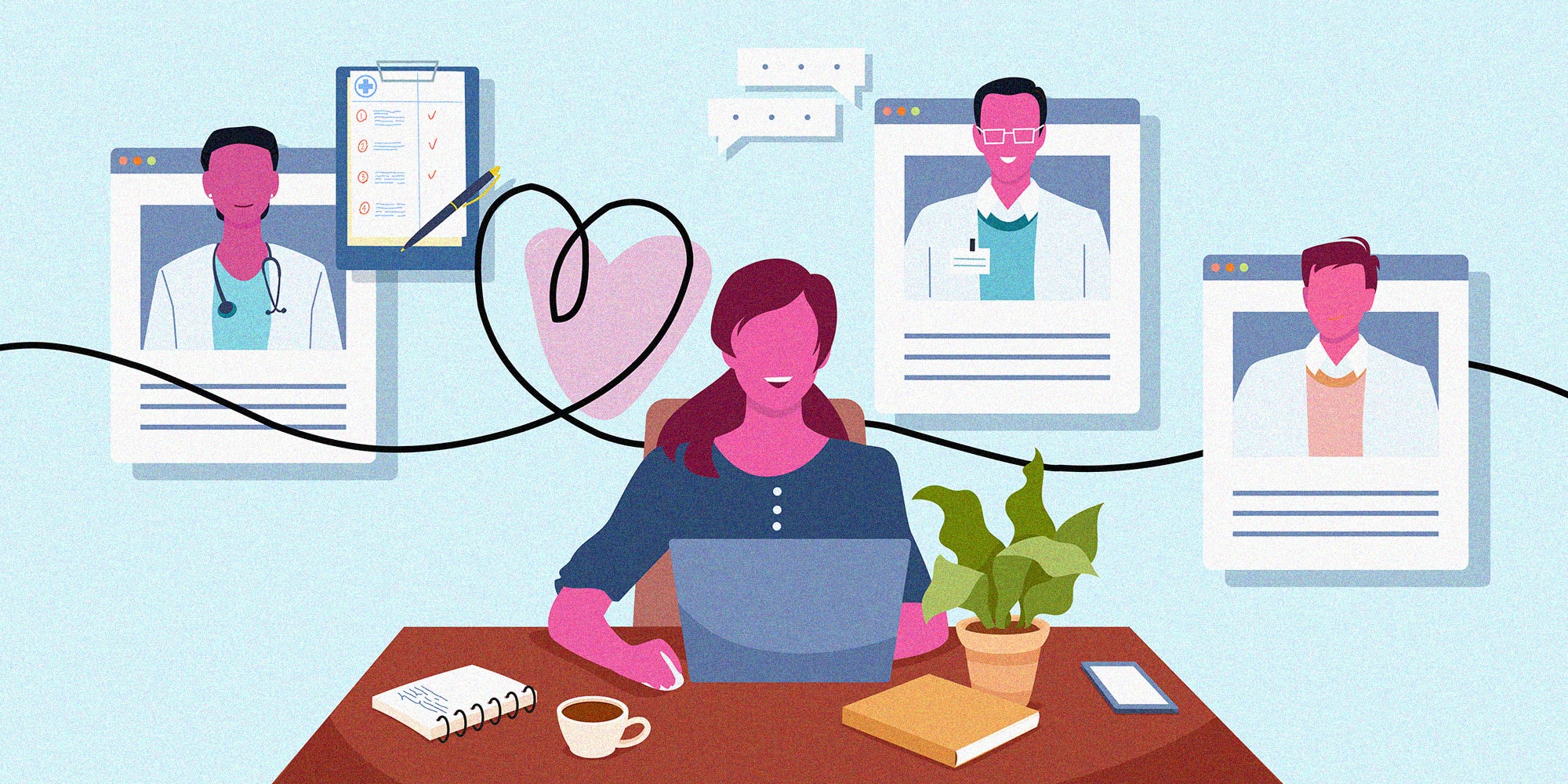 Illustration of a woman researching multiple doctors online, representing availability of healthcare options in the patient experience journey. A wavy line runs across the image, forming a heart-shape midway through.