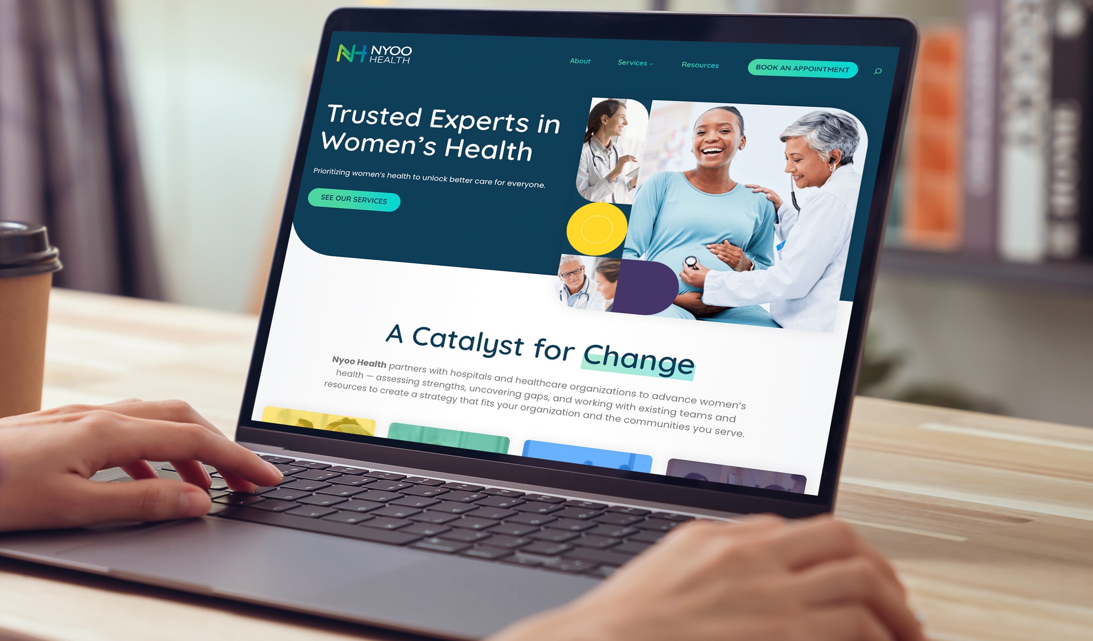 A laptop computer displaying Nyoo Health website homepage.